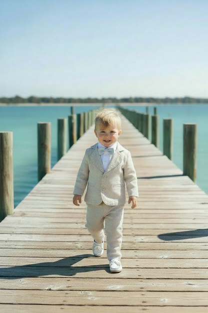 Beige linen baby and toddler boys formal baptism or wedding suit with accessories and optional personalisation