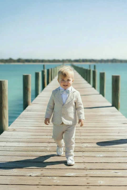 Beige linen baby and toddler boys formal baptism or wedding suit with accessories and optional personalisation