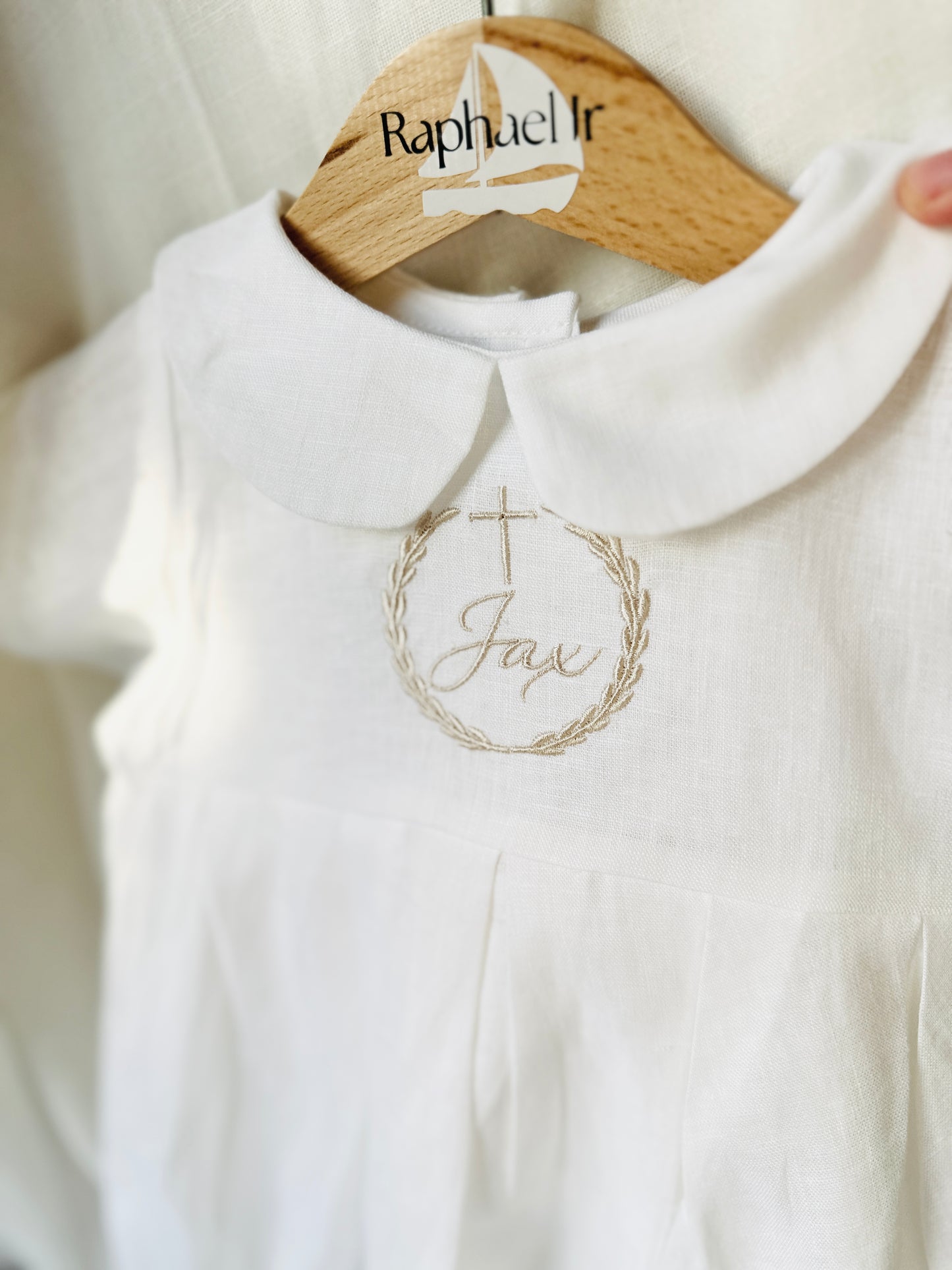 Linen Baptism peter pan collar bubble romper with optional embroidery customisation