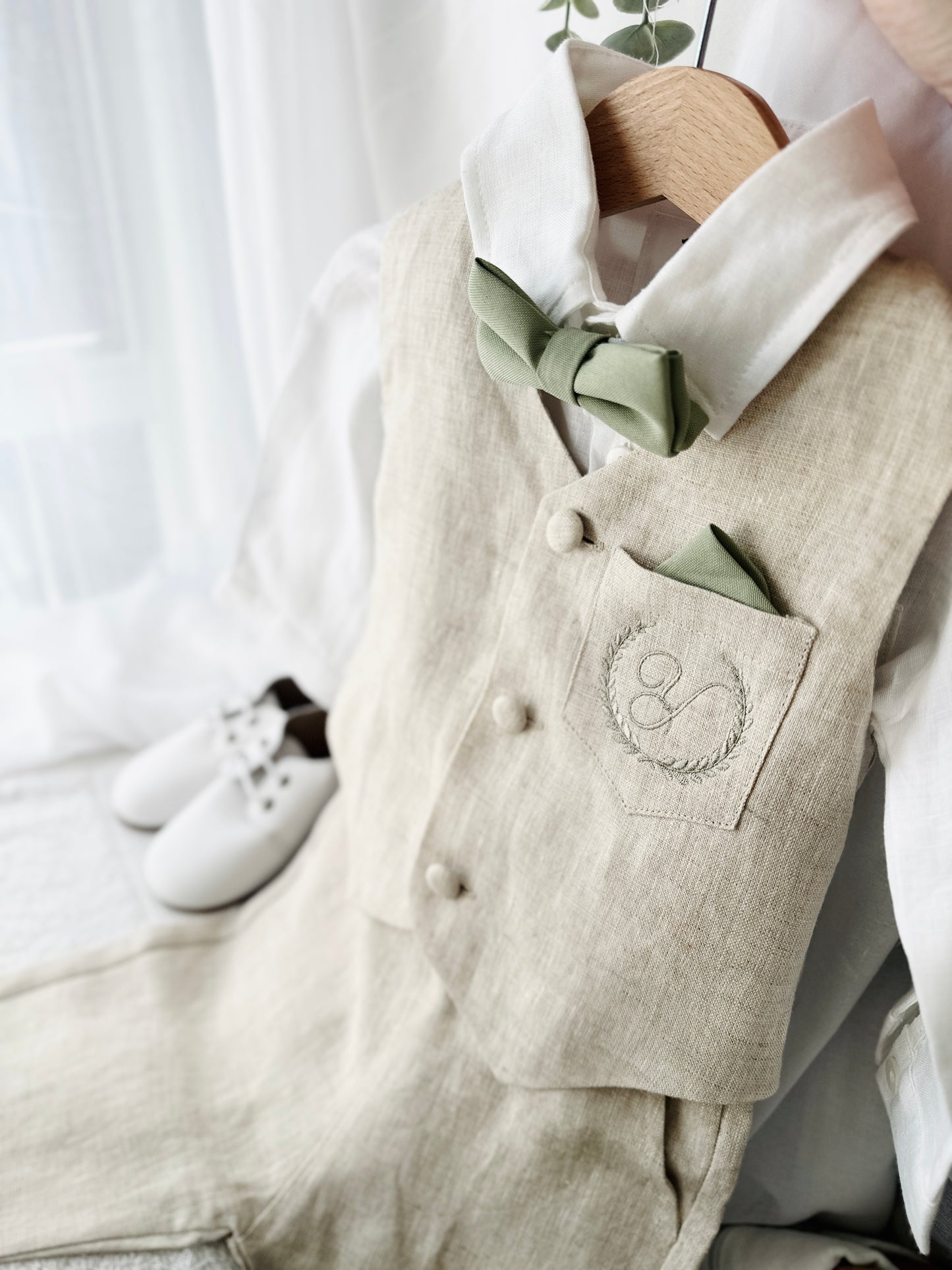 Beige Linen vest suit, shirt, pants, suspenders and bowtie plus optional jacket, cap and shoes