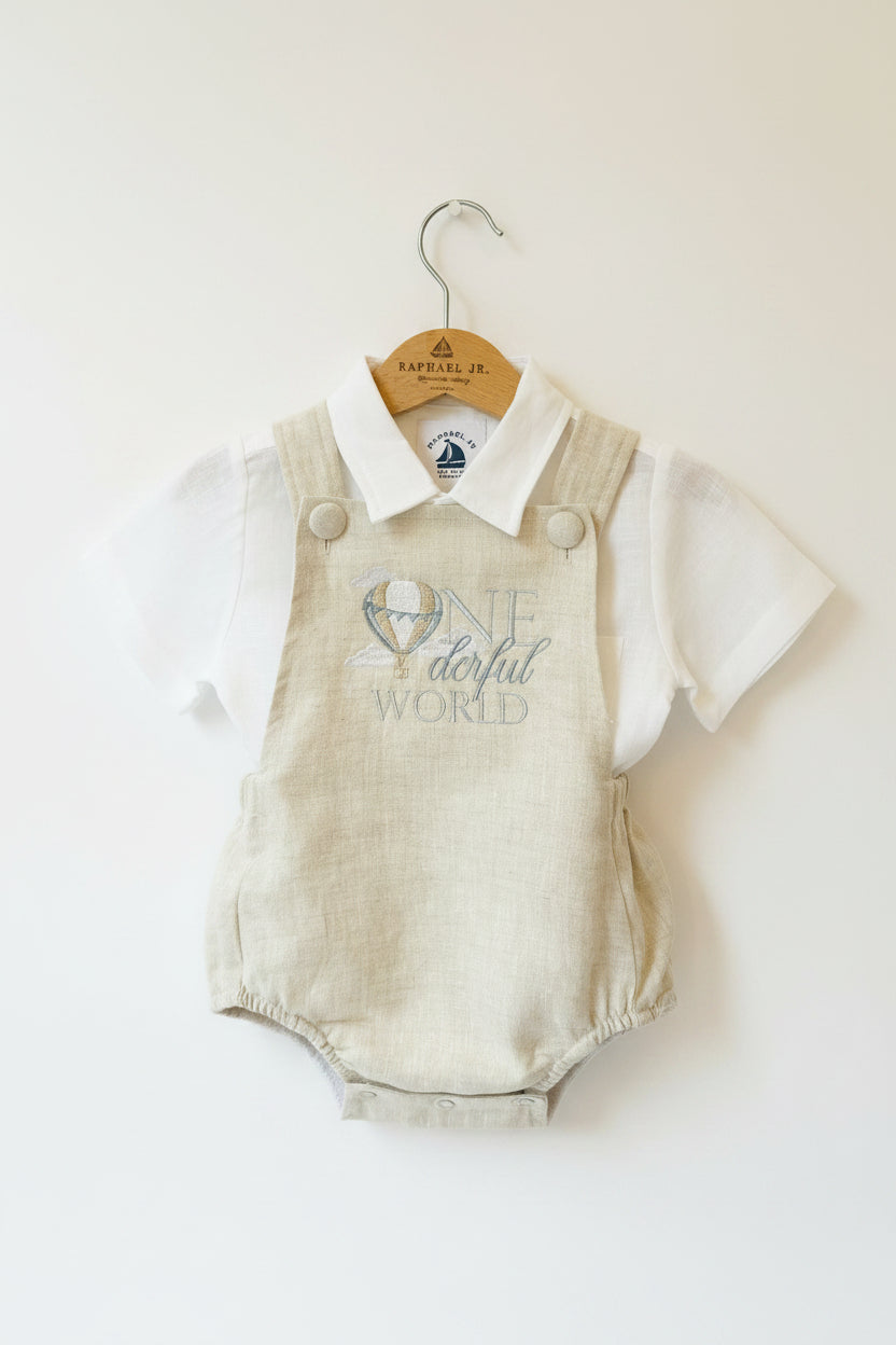 Beige linen baptism and birthday romper and shirt set