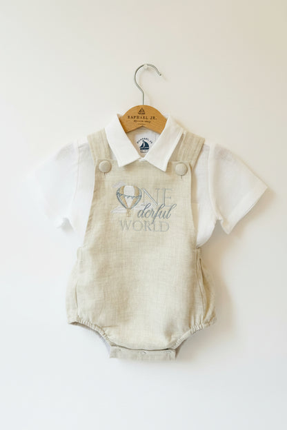 Beige linen baptism and birthday romper and shirt set