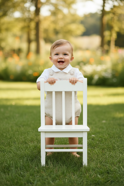 Beige linen baptism and birthday romper and shirt set