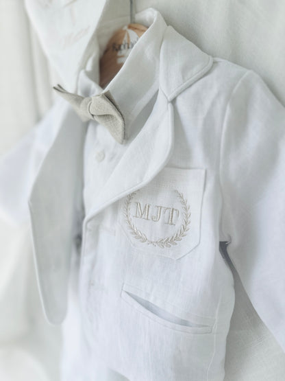 White linen summer Baptism set with shirt shorts suspenders bow tie and optional jacket