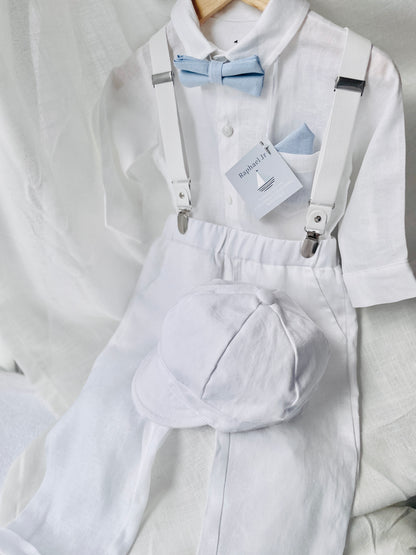 White linen Baptism Suit outfit with optional blue jacket and Accessories