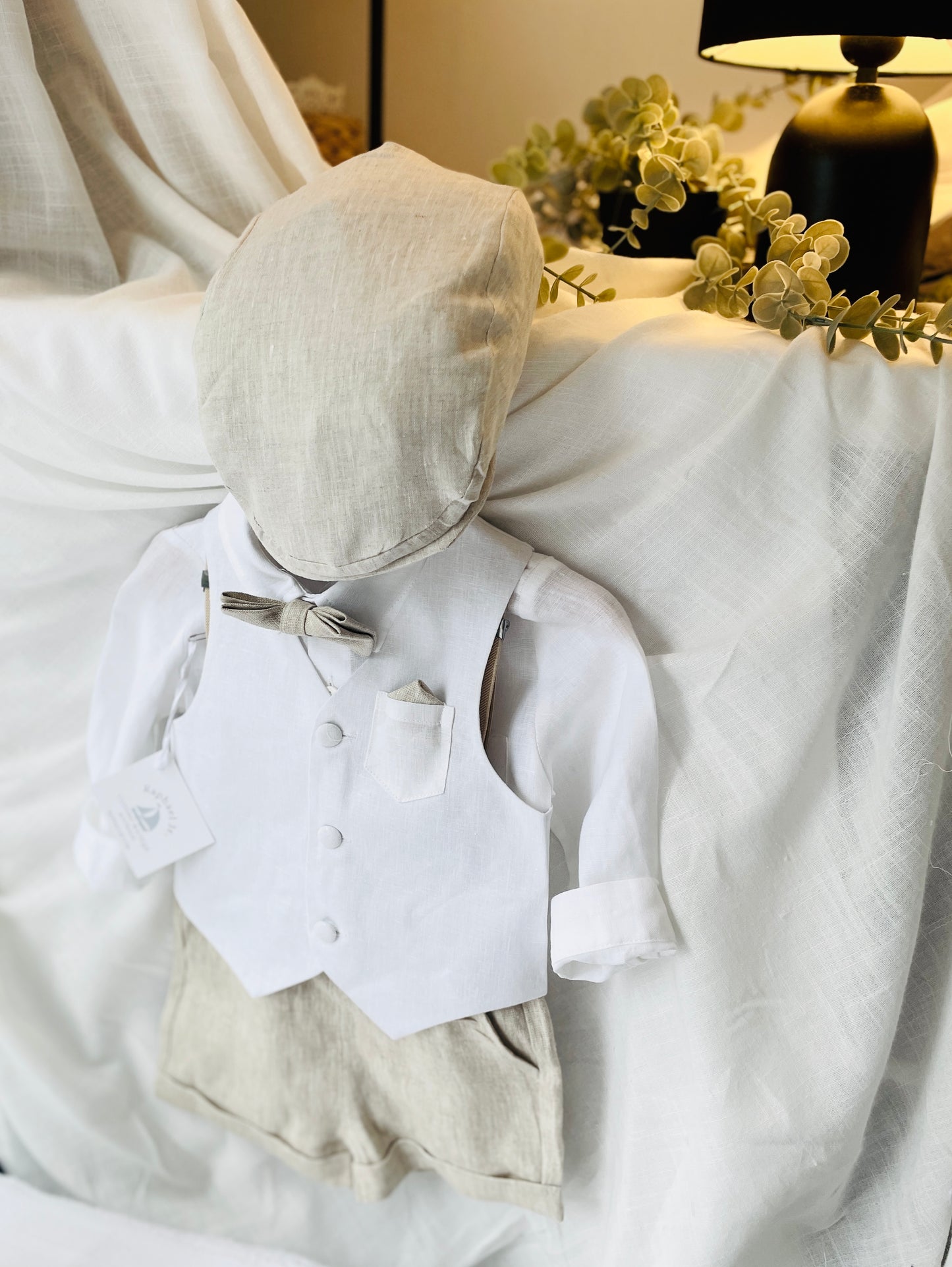 Boys white and beige linen set with vest, shirt, shorts, suspenders and bowtie