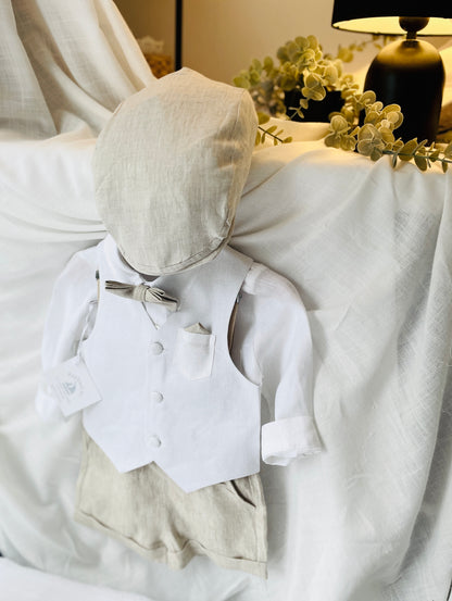 Boys white and beige linen Baptism and Wedding Outfit with vest, shirt, shorts, suspenders and bow tie