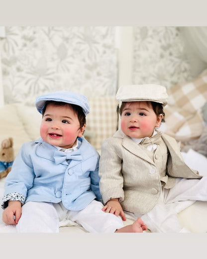Boys Light blue suit with blue vest, bow tie optional jacket, plus white linen shirt and suspender pants