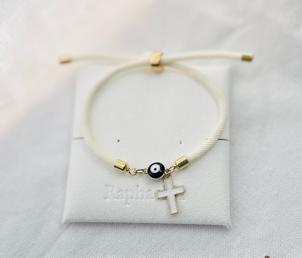 Evil eye bracelet white rope with gold clasps and optional charm