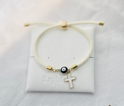 Evil eye bracelet white rope with gold clasps and optional charm