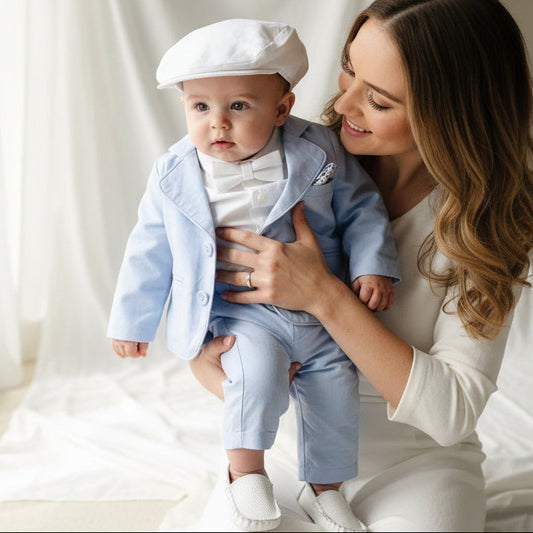 Baby and toddler boys pale blue chambray and linen full suit
