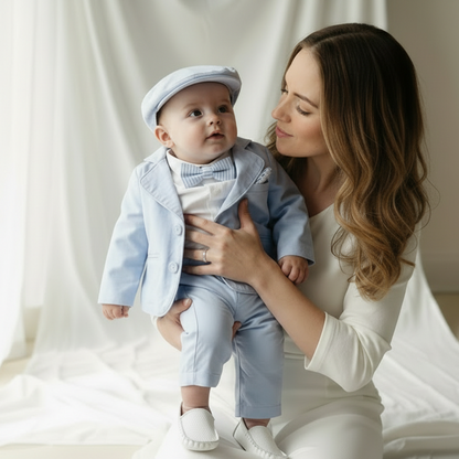 Baby and toddler boys pale blue chambray and linen full suit