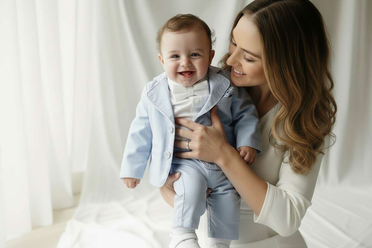 Baby and toddler boys pale blue chambray and linen full suit