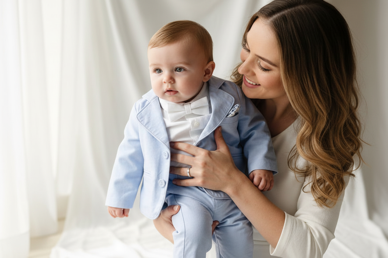 Baby and toddler boys pale blue chambray and linen full suit