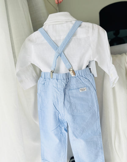 Boys pale blue and white set with vest, pants, linen shirt, bowtie and suspenders, plus optional jacket cap and shoes
