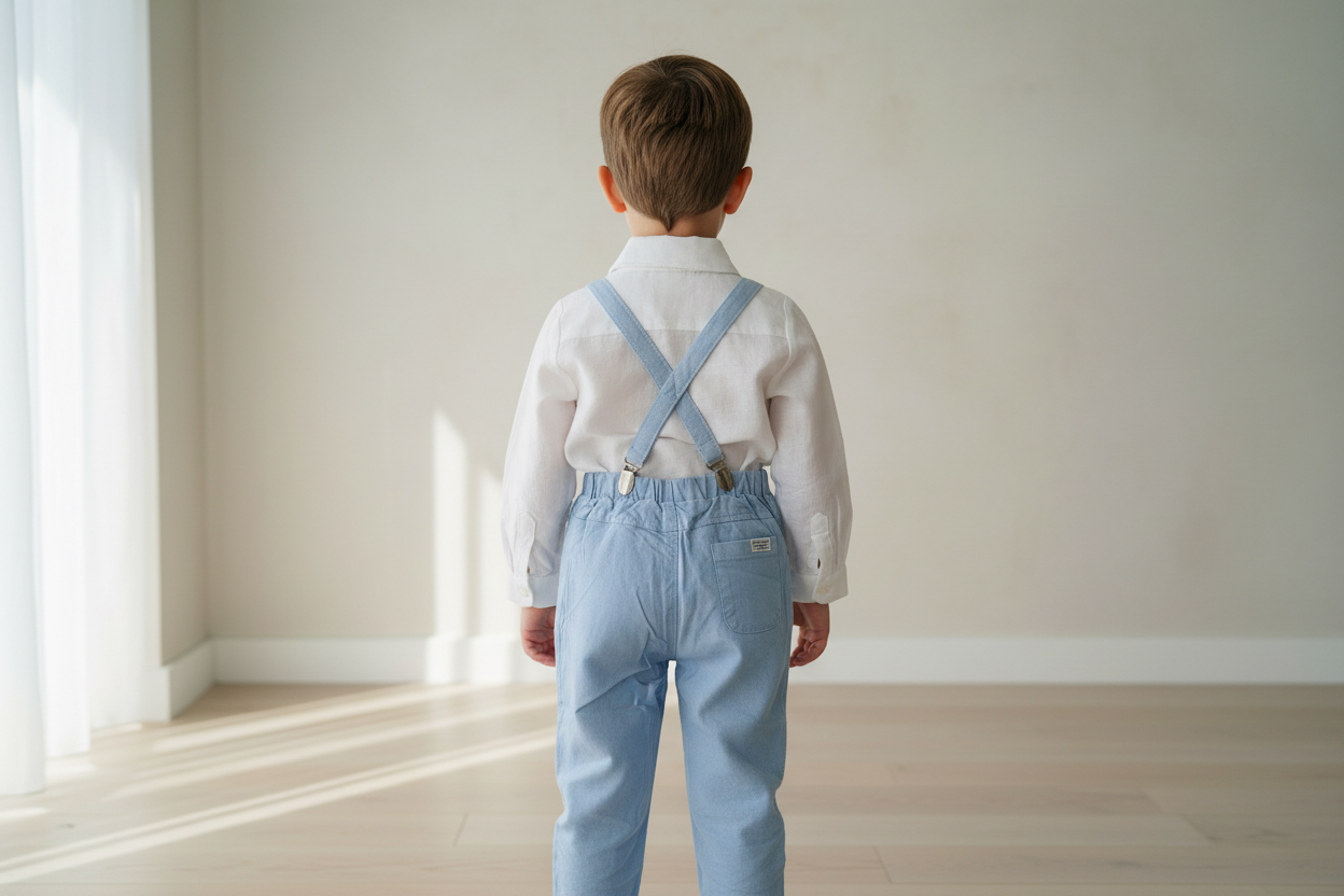 Boys pale blue and white set with vest, pants, linen shirt, bowtie and suspenders, plus optional jacket cap and shoes