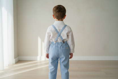 Blue chambray set with blue pants, white linen shirt, white, blue or beige suspenders and blue bow tie