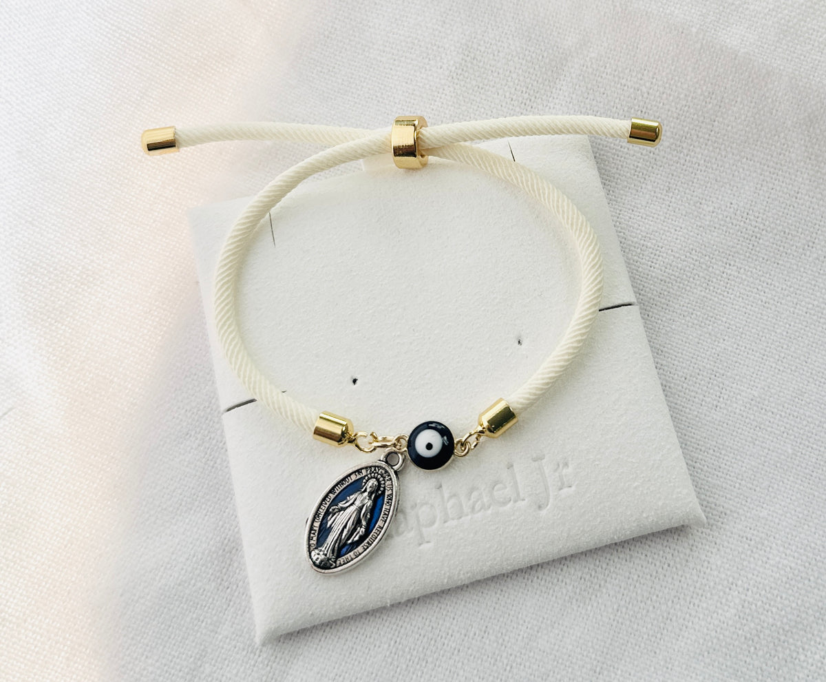 Evil eye bracelet white rope with gold clasps and optional charm