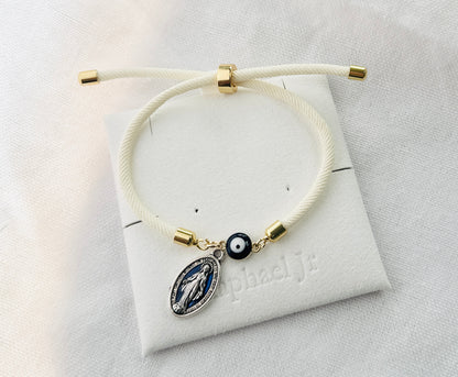 Evil eye bracelet white rope with gold clasps and optional charm