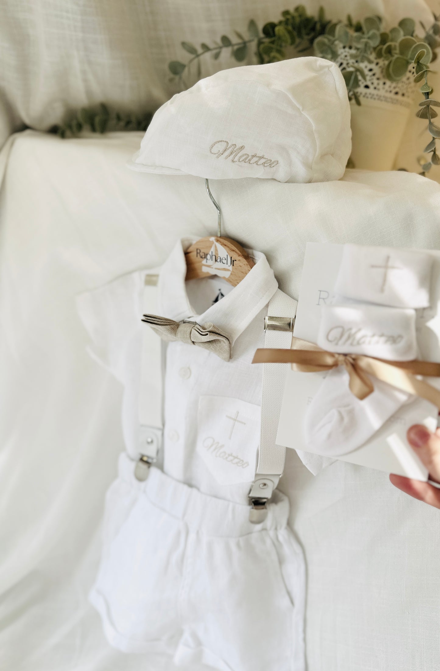 White linen summer Baptism set with shirt shorts suspenders bow tie and optional jacket