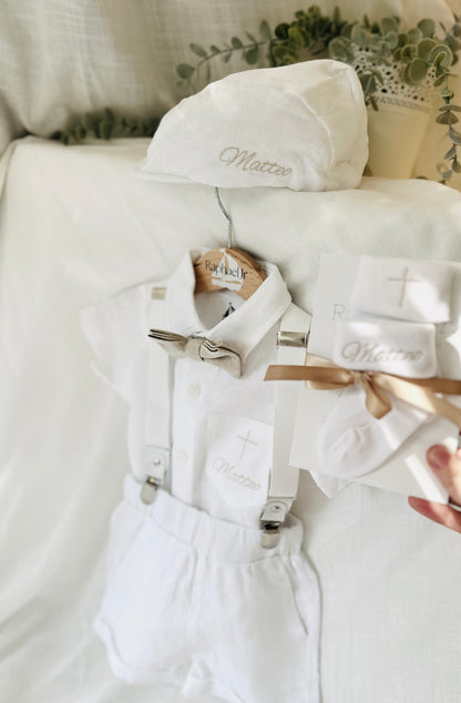 White linen summer Baptism set with shirt shorts suspenders bow tie and optional jacket