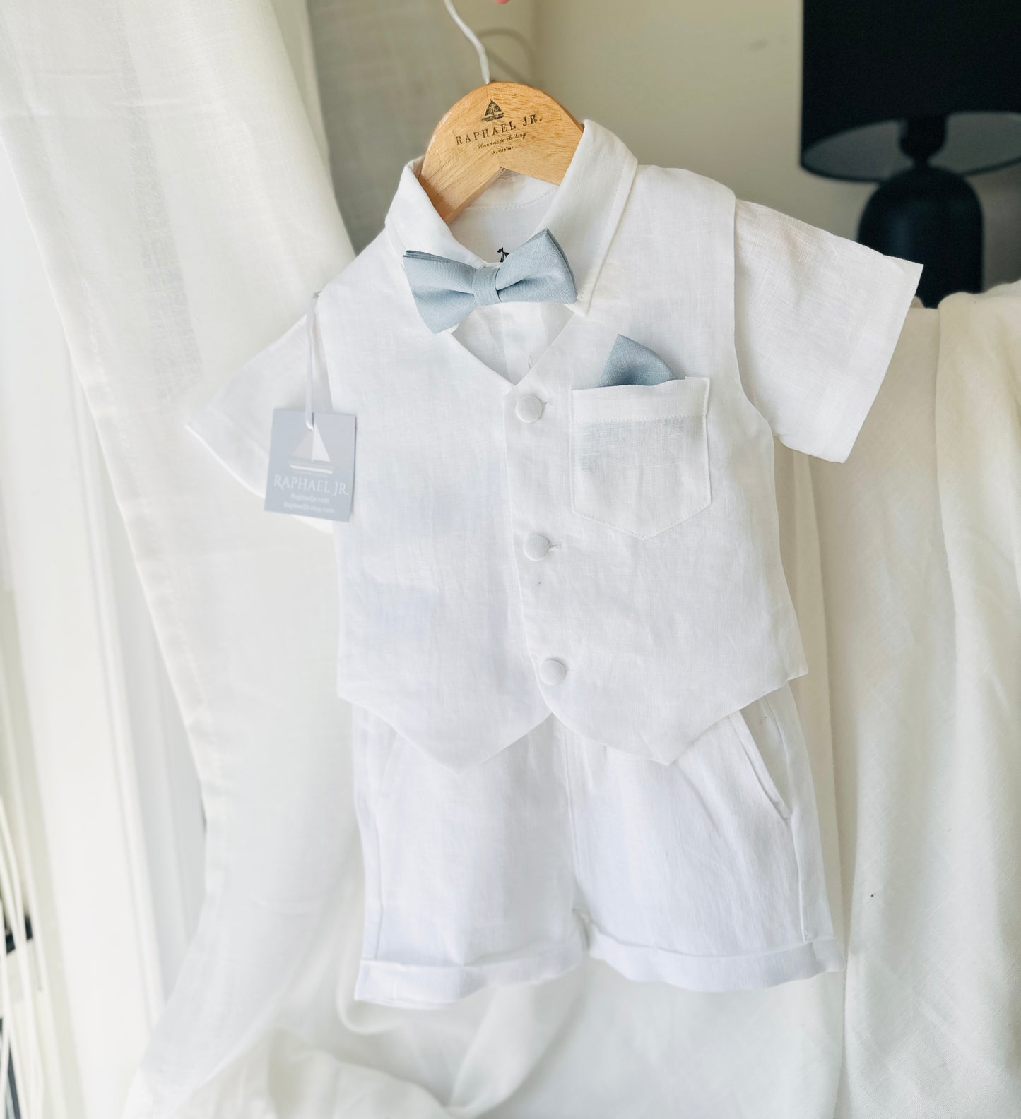 White linen Baptism vest set with shirt, suspender shorts, bowtie and optional embroidery cap and shoes