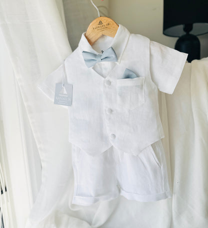 White linen Baptism vest set with shirt, suspender shorts, bowtie and optional embroidery cap and shoes