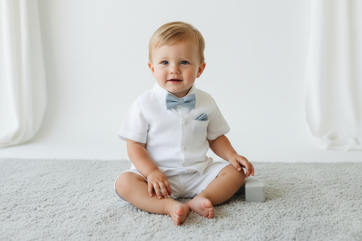 White linen Baptism vest set with shirt, suspender shorts, bowtie and optional embroidery cap and shoes