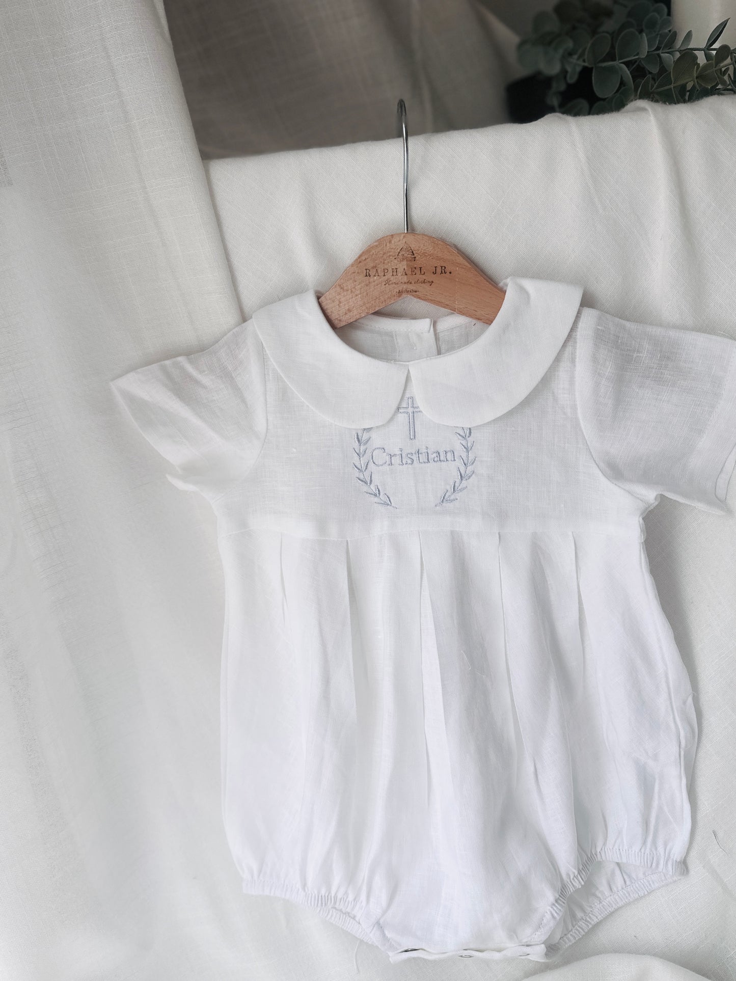 Linen Baptism peter pan collar bubble romper with optional embroidery customisation
