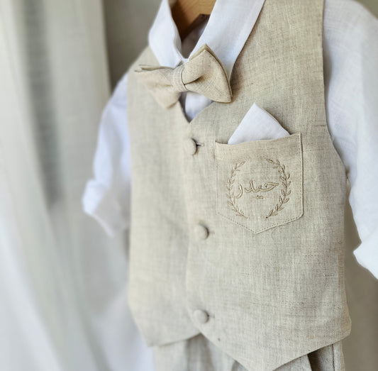 White and Beige Linen set with vest, shirt, pants, suspenders and bowtie plus optional jacket, cap and shoes