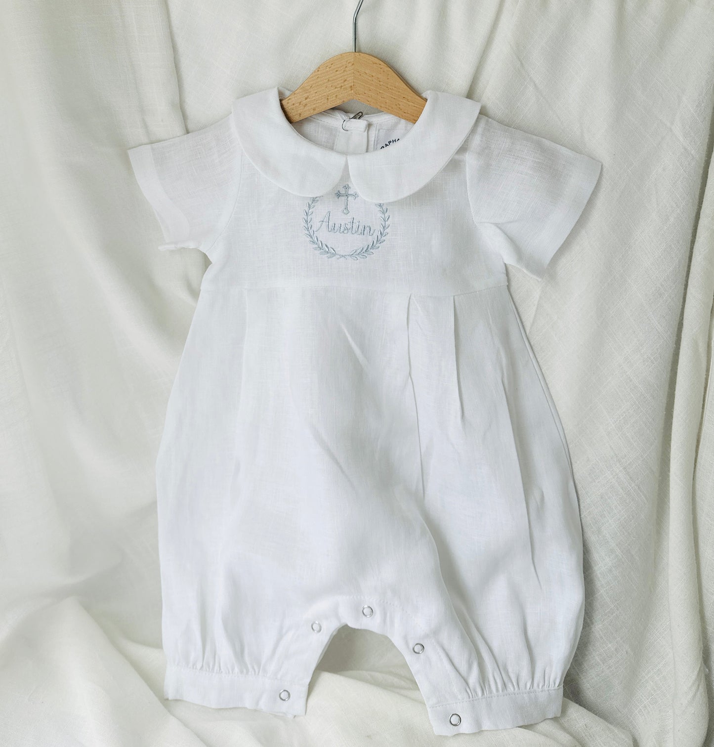 Linen Baptism romper dungaree jumpsuit with optional cardigan and embroidery
