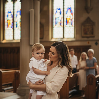 Linen Baptism 3/4 length jumpsuit with optional cardigan and embroidery