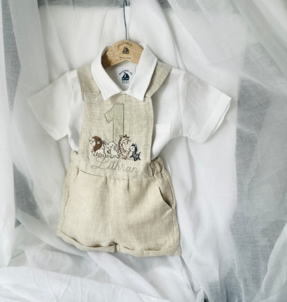 Boys beige pure linen overalls with optional shirt and embroidery