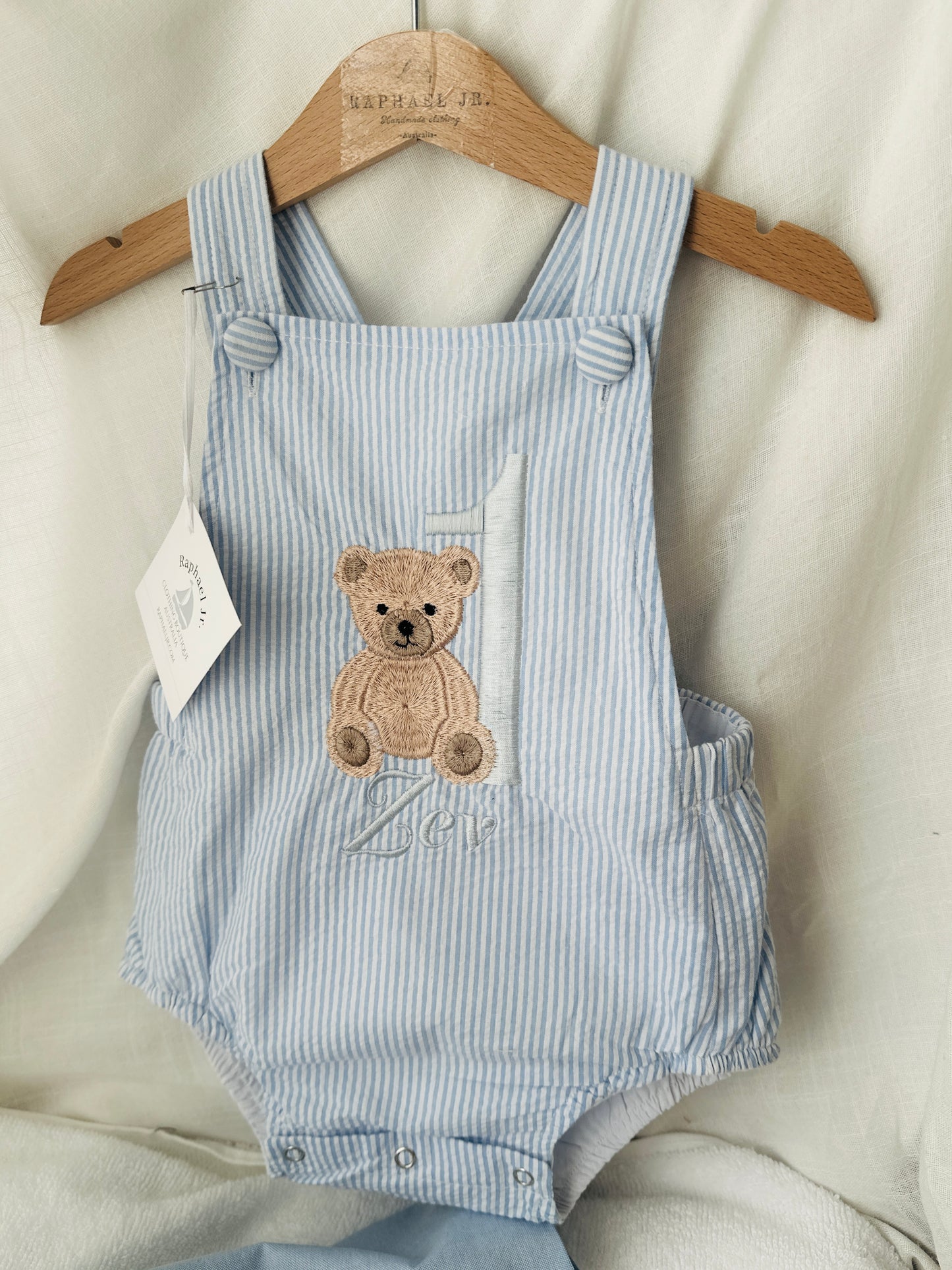 Boys Blue Seersucker teddy bear First Birthday romper