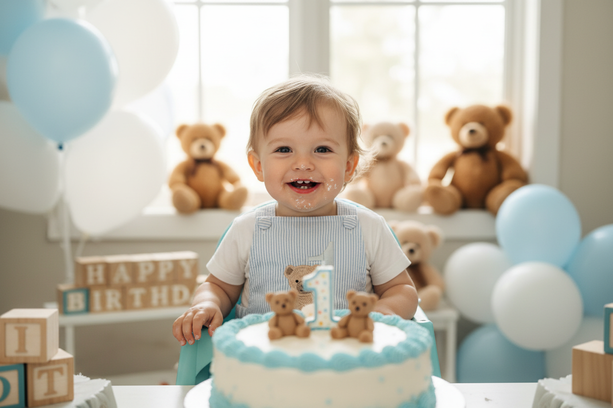 Boys Blue Seersucker teddy bear First Birthday romper
