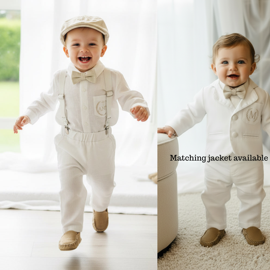 White linen Baptism suit set with pants, shirt, suspenders and bowtie plus optional jacket and extras
