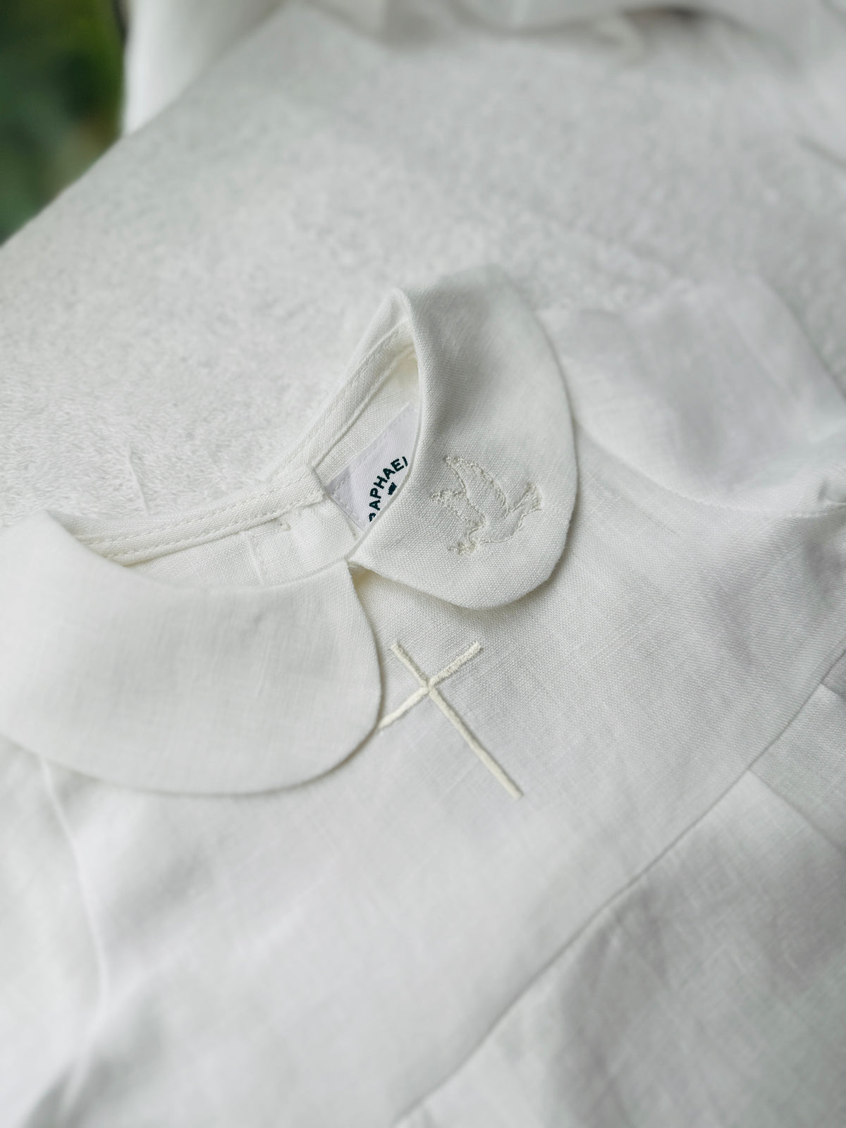 Linen Baptism 3/4 length jumpsuit romper with optional cardigan and embroidery