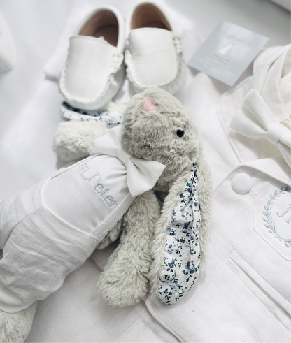 Christening bunny rabbit toy in little suit and bow tie to match babys outfit
