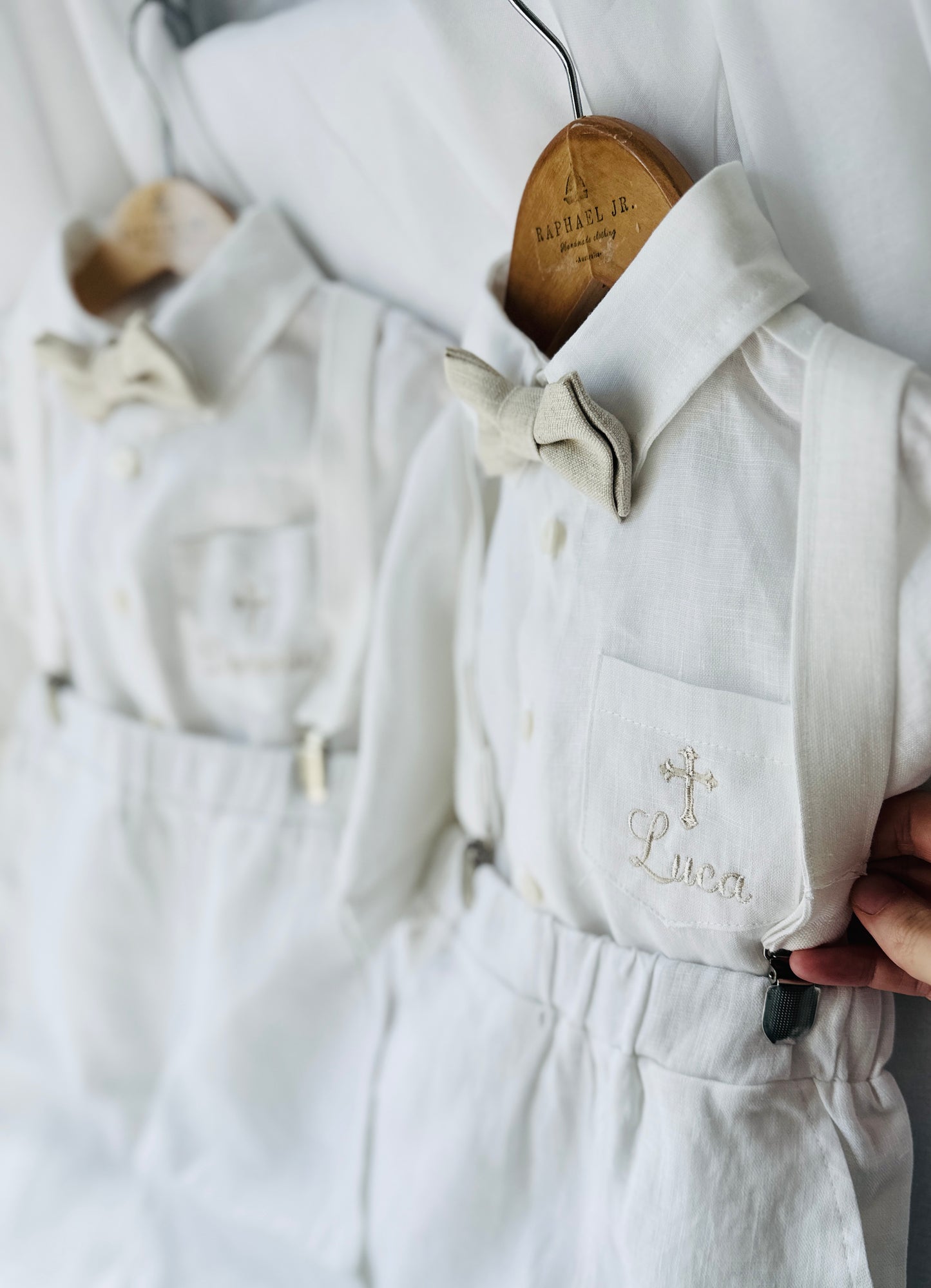 Boys white linen full 5 piece suit with vest, jacket, shirt, pants, suspenders and bow tie plus extras