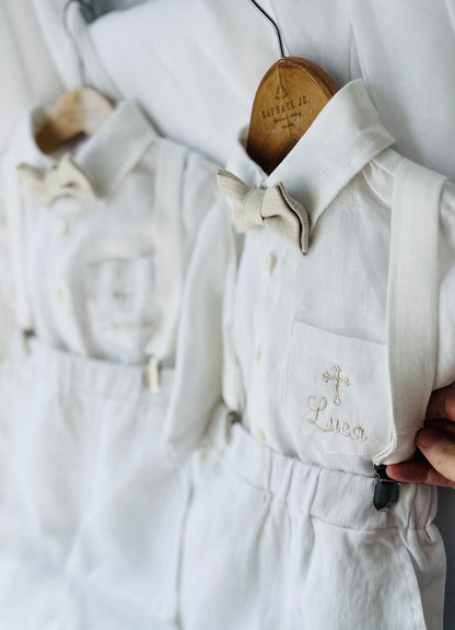Boys white linen full 5 piece suit with vest, jacket, shirt, pants, suspenders and bow tie plus extras