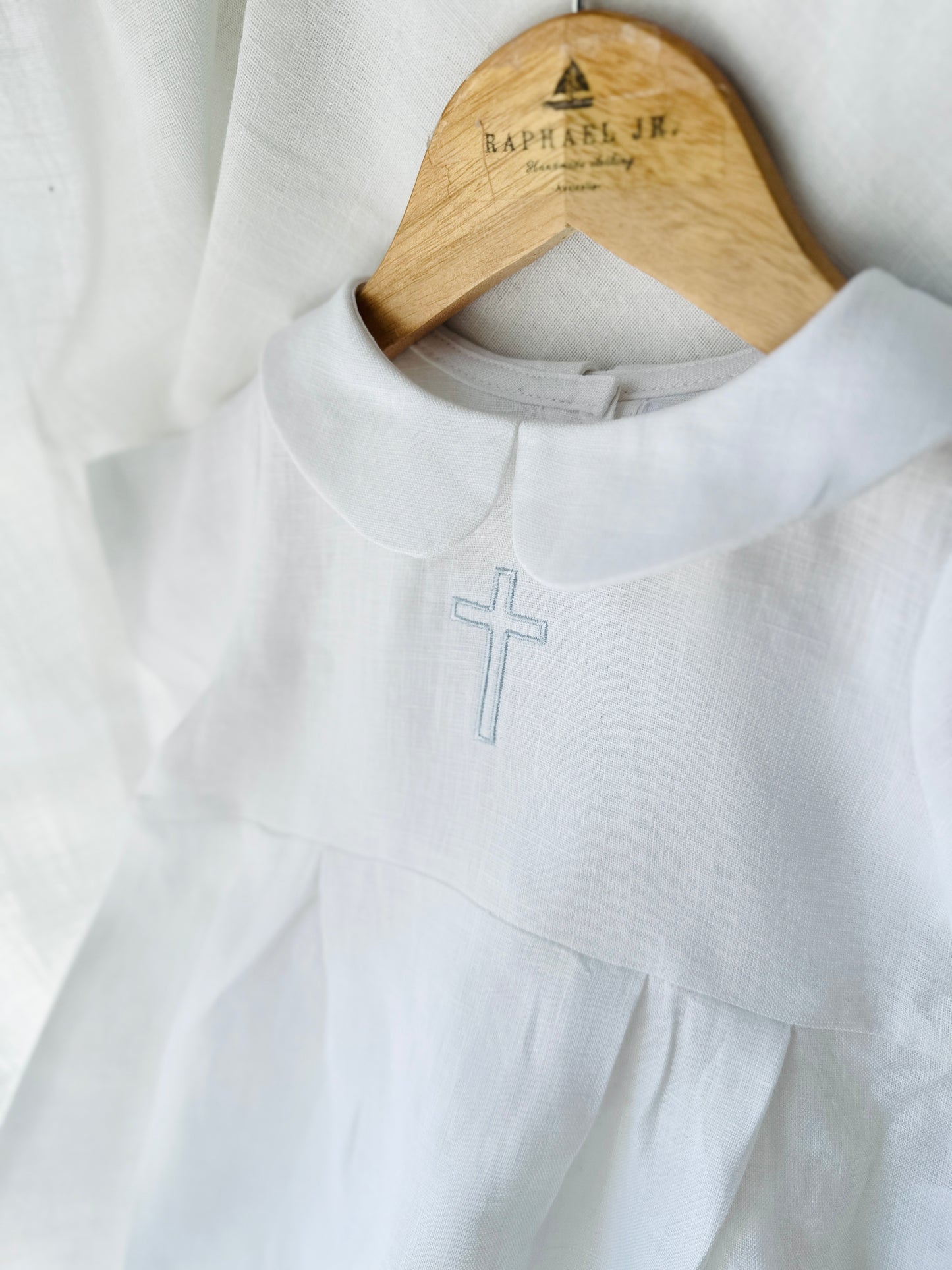 Linen Baptism 3/4 length jumpsuit with optional cardigan and embroidery