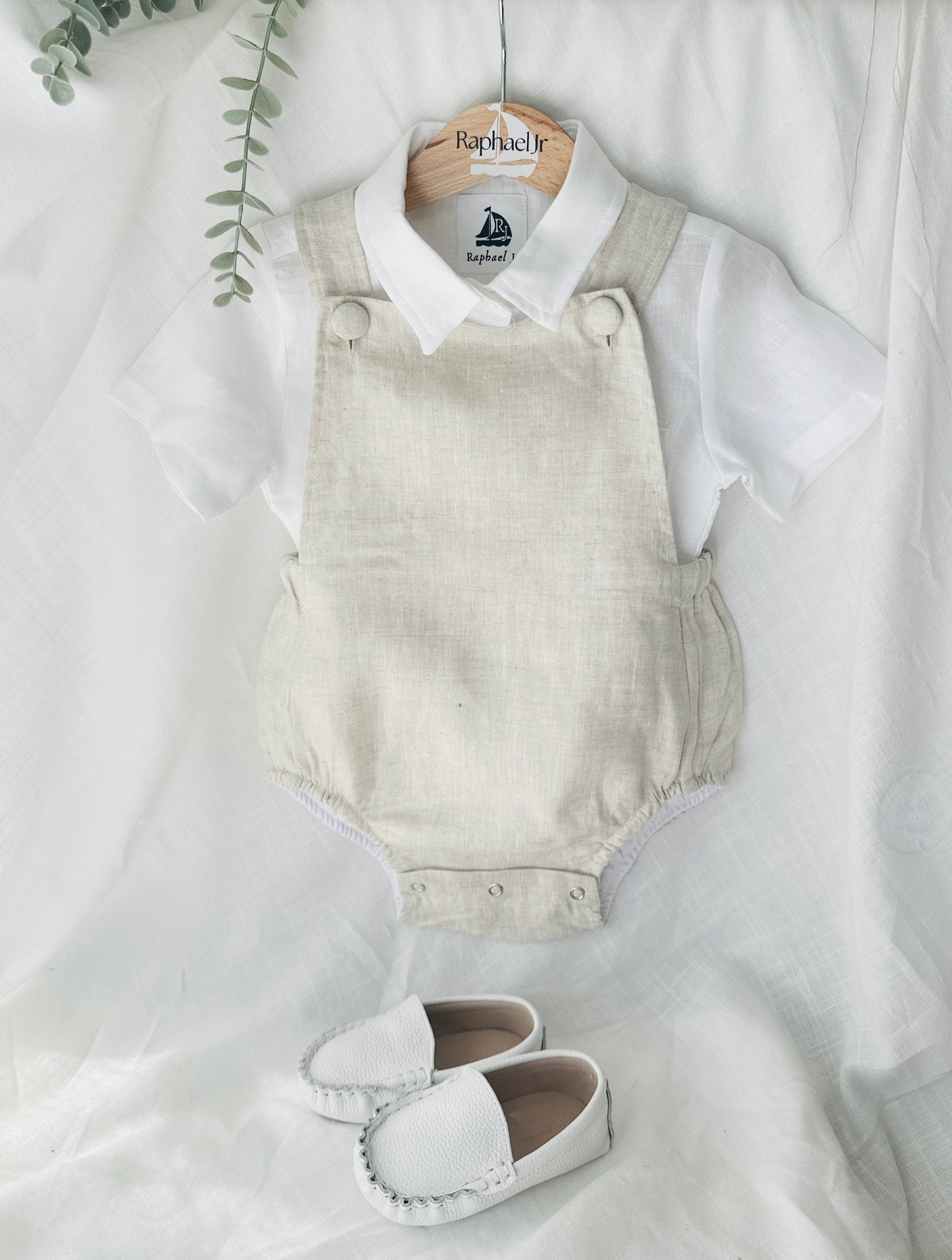 Baby and Toddler boys beige and white linen baptism romper and shirt set