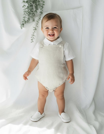 Baby and Toddler boys blue and white linen baptism and birthday romper and shirt set