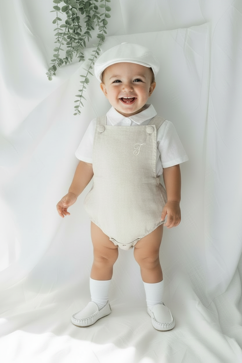 Beige linen baptism and birthday romper and shirt set
