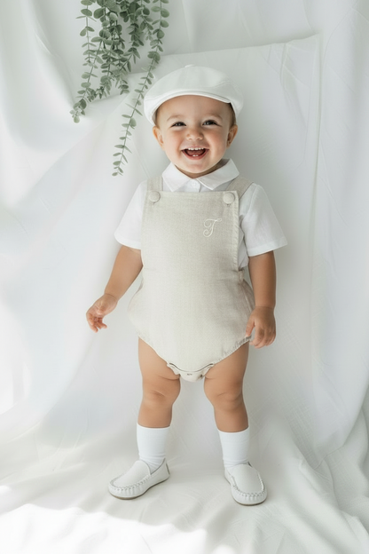 Beige linen baptism and birthday romper and shirt set
