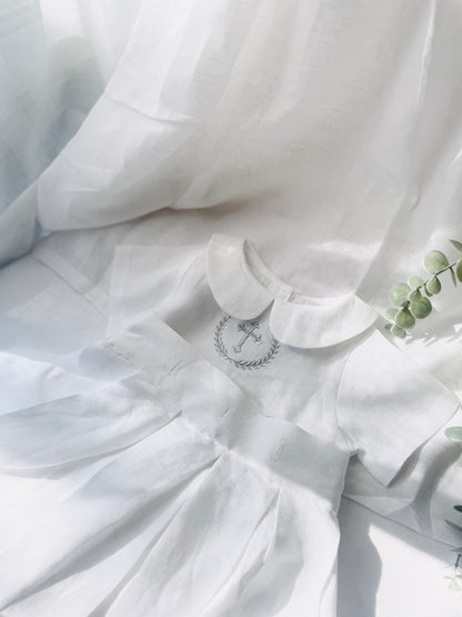 White Linen Unisex Baptism Gown 3/4 length romper with detachable skirt