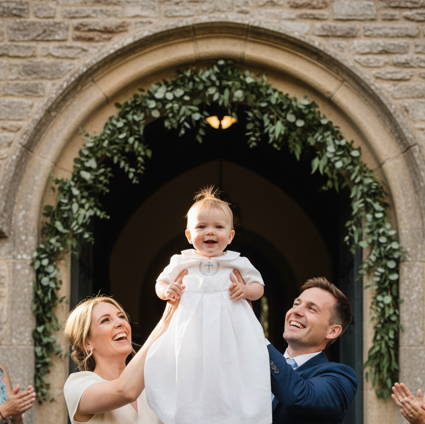 White Linen Unisex Baptism Gown 3/4 length romper with detachable skirt