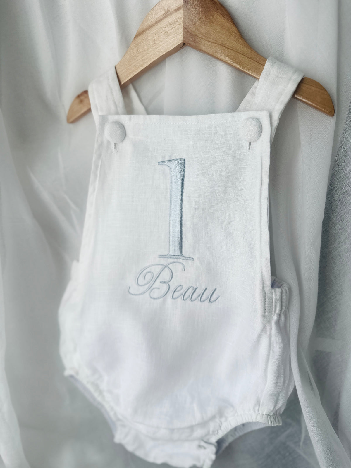 Boys White Linen First Birthday overalls romper one silly goose onederful world oneder the sea teddy car balloons and more