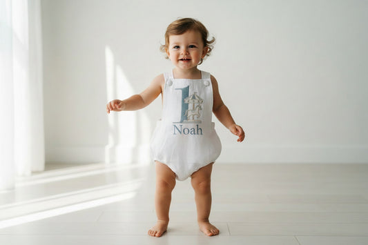 Boys White Linen First Birthday overalls romper one silly goose onederful world oneder the sea teddy car balloons and more