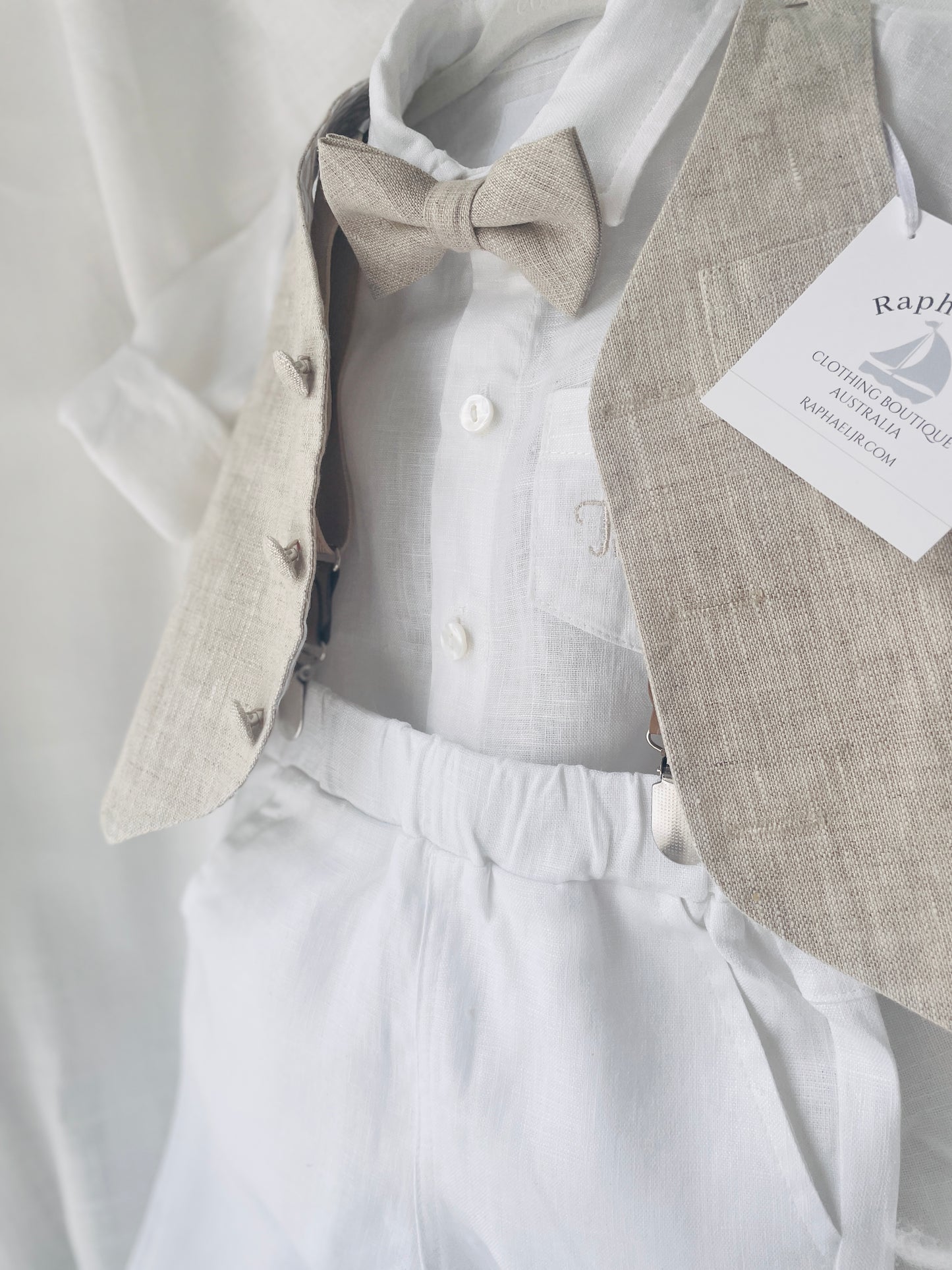 White and Beige Linen set with vest, shirt, pants, suspenders and bowtie plus optional jacket, cap and shoes